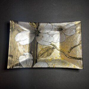 D'Lusso Designs Gold & Black Metallic Glass Floral Magnolia Rectangular Dish
